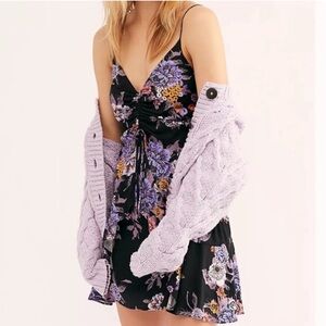 NWT Free People Happy Heart Mini Dress Black Combo Floral Print‎ Size Large
